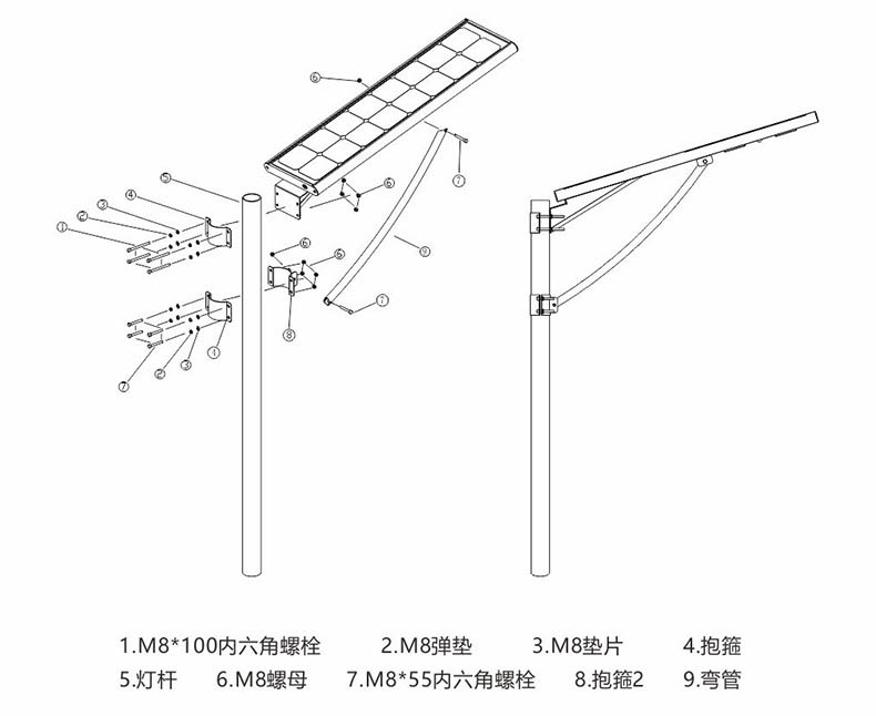 东莞糖心VLOG污APP照明抱箍式一体化LED太阳能路灯安装示意图